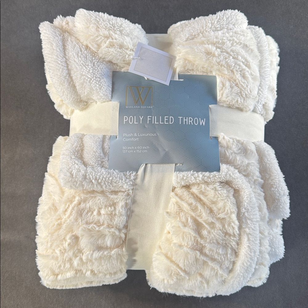 Wayland Square Poly Throw Blanket Cream & White Faux Fur 50x60” NEW